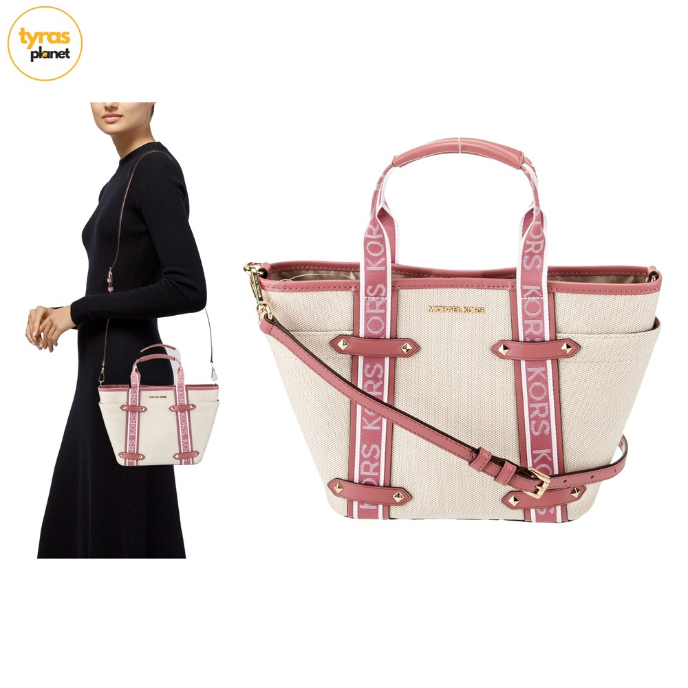 Michael Kors Maeve Small Canvas Open Tote Rose Pink Leather Crossbody Bag NEW